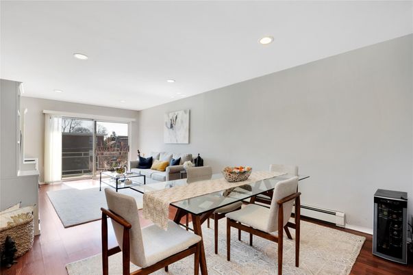 Dining room, Interior, Living room, Recessed Lighting, Wood Texture Flooring