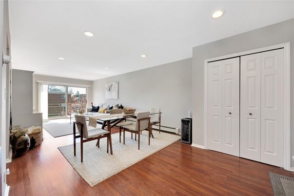 Dining room, Interior, Living room, Recessed Lighting, Wood Texture Flooring