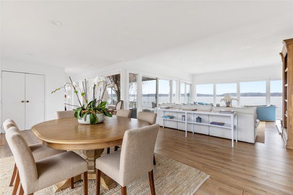 Dining room, Interior, Kitchen, Recessed Lighting, Water, Wood Texture Flooring