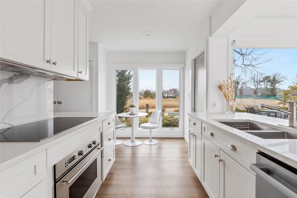 Interior, Kitchen, Recessed Lighting, Stainless Steel Appliances, Water, Wood Texture Flooring