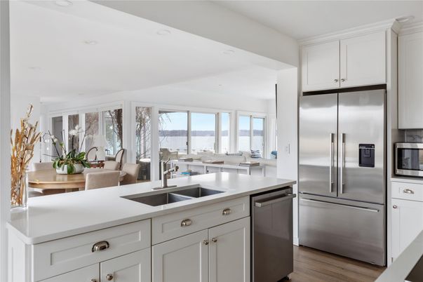 Interior, Kitchen, Recessed Lighting, Stainless Steel Appliances, Water, Wood Texture Flooring