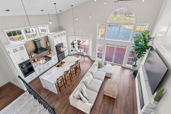 Dining room, Interior, Living room, Pendant Lights, Wood Texture Flooring