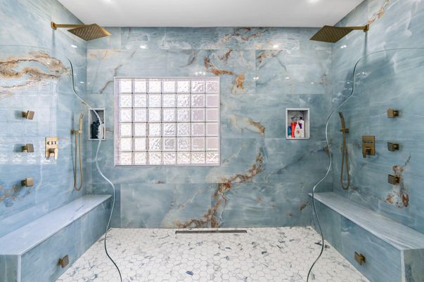 Bathroom, Glass Shower, Interior, Marble Walls, Recessed Lighting