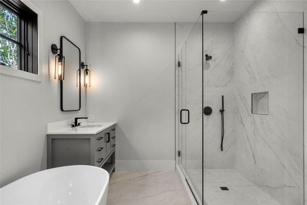 Bathroom, Glass Shower, Interior, Marble, Marble Walls, Recessed Lighting