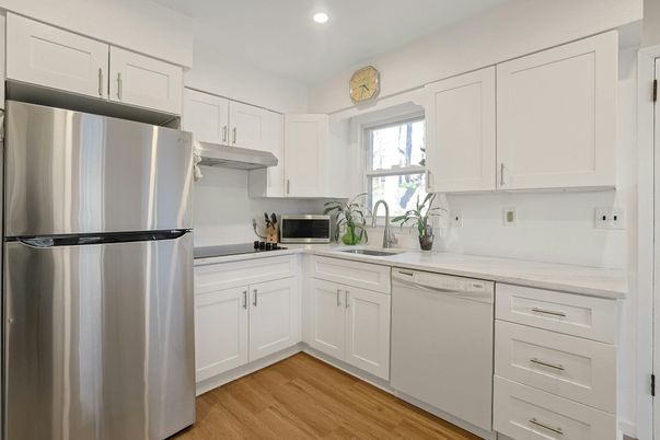 Interior, Kitchen, Recessed Lighting, Stainless Steel Appliances, Wood Texture Flooring