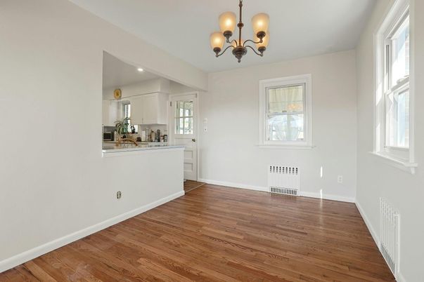 Chandelier, Empty room, Interior, Kitchen, Recessed Lighting, Wood Texture Flooring