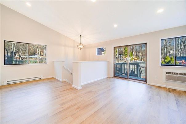 Empty room, Interior, Pendant Lights, Recessed Lighting, Wood Texture Flooring