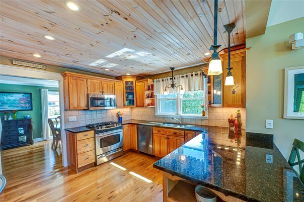 Interior, Kitchen, Pendant Lights, Recessed Lighting, Stainless Steel Appliances, Wooden Ceilings, Wood Texture Flooring