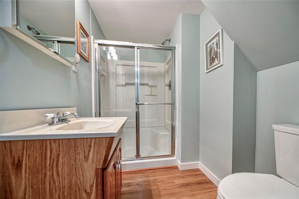 Bathroom, Glass Shower, Interior, Wood Texture Flooring