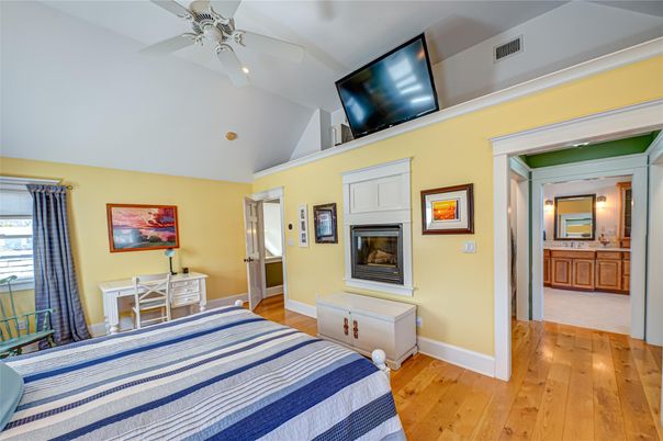 Bedroom, Fireplace, Interior, Wood Texture Flooring
