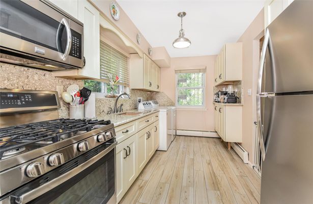 Interior, Kitchen, Pendant Lights, Stainless Steel Appliances, Wood Texture Flooring