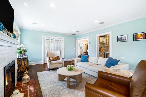 Fireplace, Interior, Living room, Recessed Lighting, Stone Walls