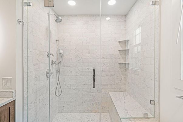 Bathroom, Glass Shower, Interior, Marble Walls, Recessed Lighting