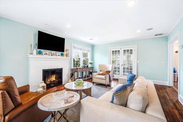 Fireplace, Interior, Living room, Recessed Lighting, Wood Texture Flooring