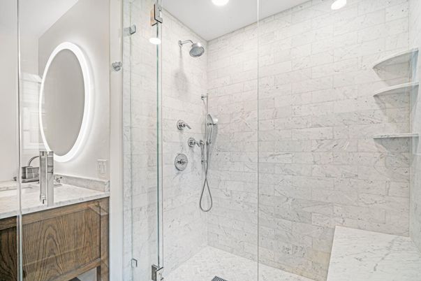 Bathroom, Glass Shower, Interior, Marble Walls, Recessed Lighting