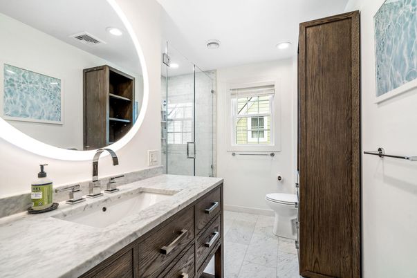 Bathroom, Dual Sink Vanities, Glass Shower, Interior, Marble, Recessed Lighting