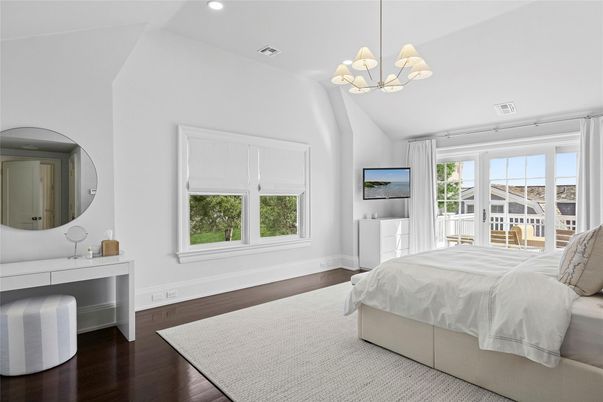 Bedroom, Chandelier, Interior, Pendant Lights, Recessed Lighting, Wood Texture Flooring