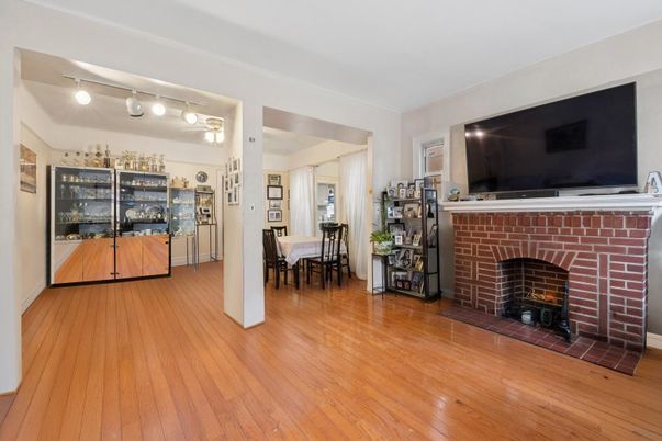 Dining room, Fireplace, Interior, Wood Texture Flooring