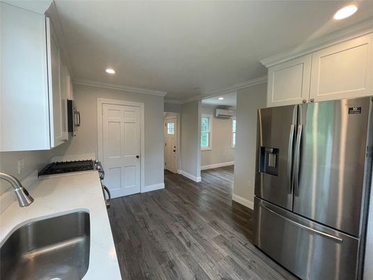 Interior, Kitchen, Recessed Lighting, Stainless Steel Appliances, Wood Texture Flooring