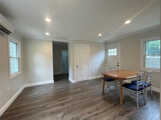 Dining room, Interior, Recessed Lighting, Wood Texture Flooring