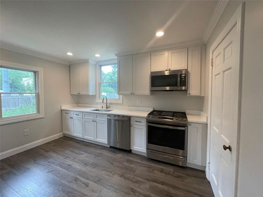 Interior, Kitchen, Recessed Lighting, Stainless Steel Appliances, Wood Texture Flooring