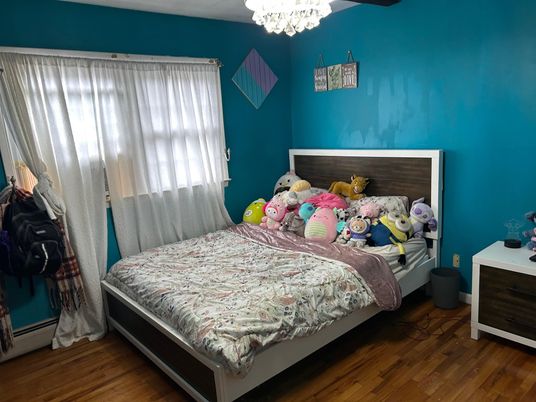 Bedroom, Chandelier, Interior, Wood Texture Flooring