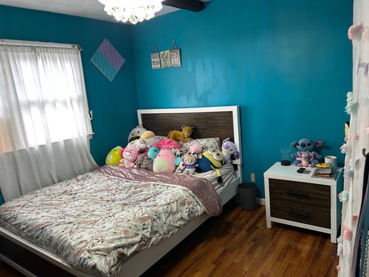 Bedroom, Chandelier, Interior, Wood Texture Flooring