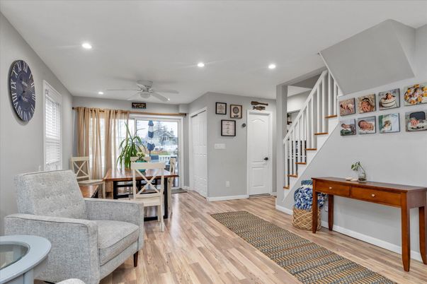 Dining room, Interior, Recessed Lighting, Wood Texture Flooring
