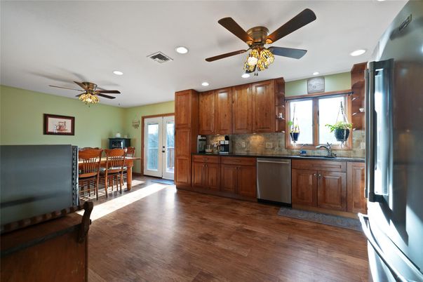 Dining room, Interior, Kitchen, Recessed Lighting, Wood Texture Flooring