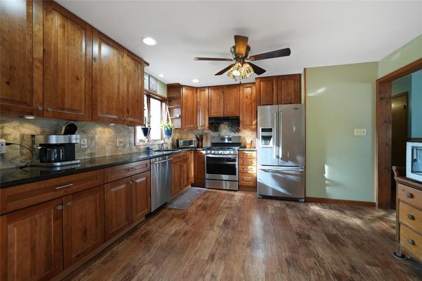Interior, Kitchen, Recessed Lighting, Stainless Steel Appliances, Wood Texture Flooring