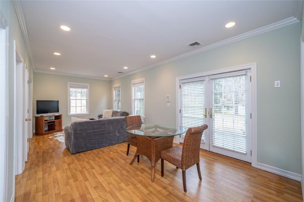 Dining room, Interior, Living room, Recessed Lighting, Wood Texture Flooring