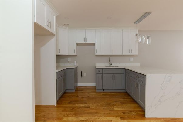 Interior, Kitchen, Marble Walls, Pendant Lights, Wood Texture Flooring