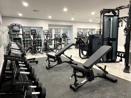 Fitness Equipment, Gym, Interior, Recessed Lighting, Wood Texture Flooring