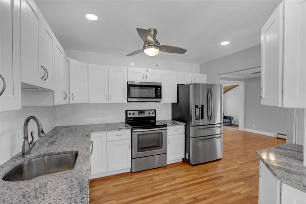 Interior, Kitchen, Recessed Lighting, Stainless Steel Appliances, Wood Texture Flooring
