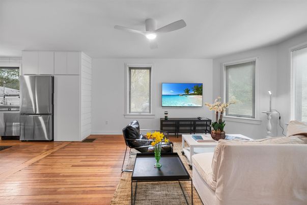 Interior, Kitchen, Living room, Stainless Steel Appliances, Wood Texture Flooring