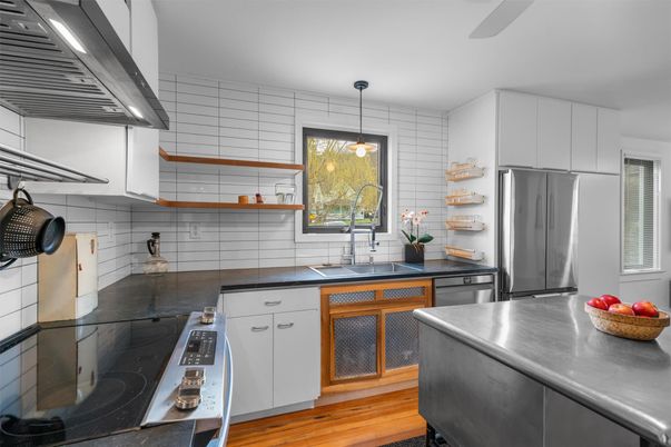 Interior, Kitchen, Pendant Lights, Stainless Steel Appliances, Wood Texture Flooring