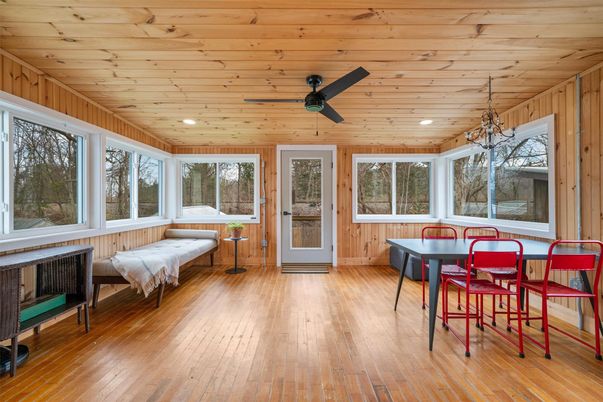 Dining room, Interior, Recessed Lighting, Sun Room, Wooden Ceilings, Wood Texture Flooring, Wooden Walls