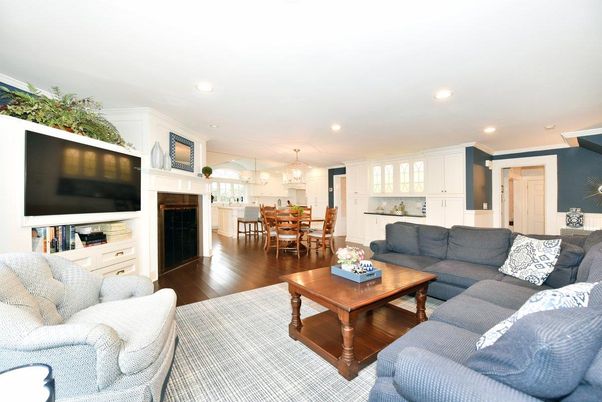 Chandelier, Dining room, Fireplace, Interior, Kitchen, Living room, Pendant Lights, Recessed Lighting, Wood Texture Flooring