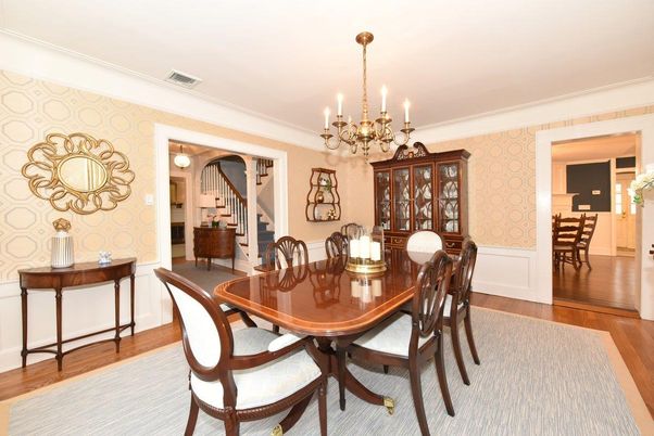 Chandelier, Dining room, Interior, Wood Texture Flooring
