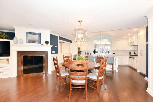 Dining room, Fireplace, Interior, Kitchen, Pendant Lights, Recessed Lighting, Wood Texture Flooring