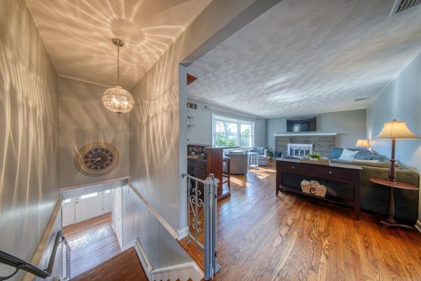 Fireplace, Interior, Living room, Pendant Lights, Wood Texture Flooring