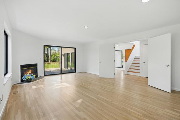 Empty room, Fireplace, Interior, Recessed Lighting, Wood Texture Flooring