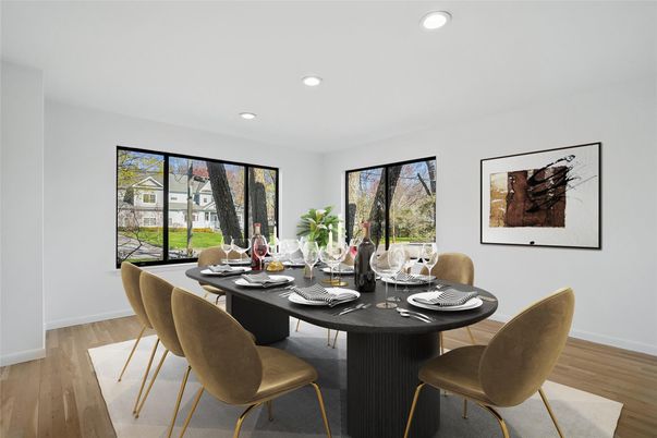 Dining room, Interior, Recessed Lighting, Wood Texture Flooring