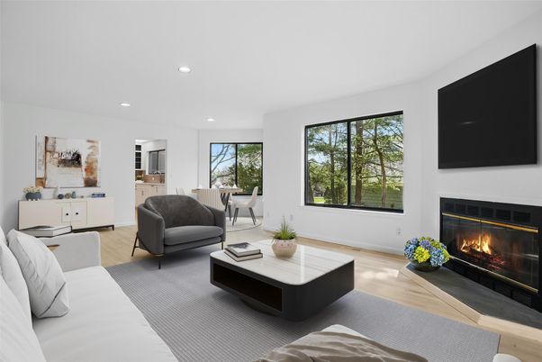 Dining room, Fireplace, Interior, Living room, Recessed Lighting, Wood Texture Flooring