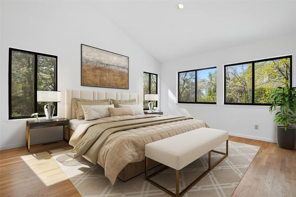 Bedroom, Interior, Recessed Lighting, Wood Texture Flooring