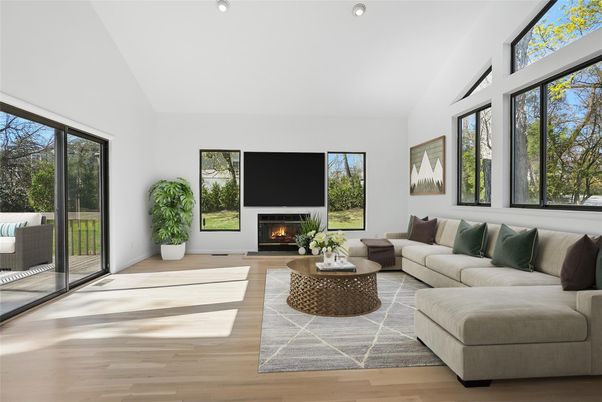Fireplace, Interior, Living room, Recessed Lighting, Wood Texture Flooring