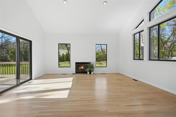 Empty room, Fireplace, Interior, Recessed Lighting, Wood Texture Flooring