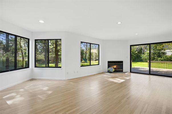 Empty room, Fireplace, Interior, Recessed Lighting, Wood Texture Flooring