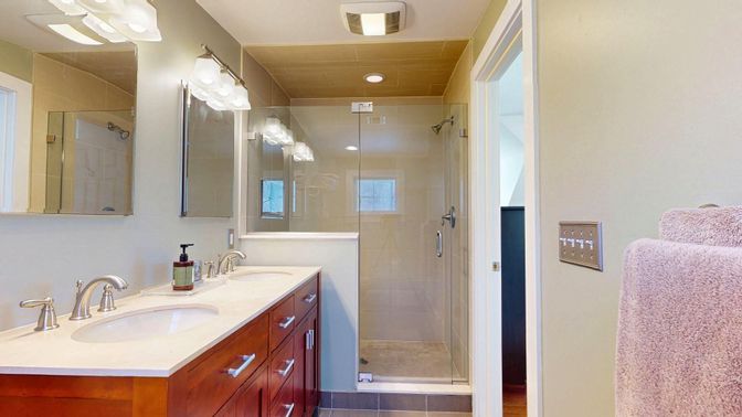 Bathroom, Dual Sink Vanities, Glass Shower, Interior, Recessed Lighting