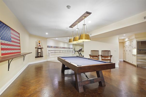 Billiard Table, Game Room, Interior, Pendant Lights, Recessed Lighting, Wood Texture Flooring